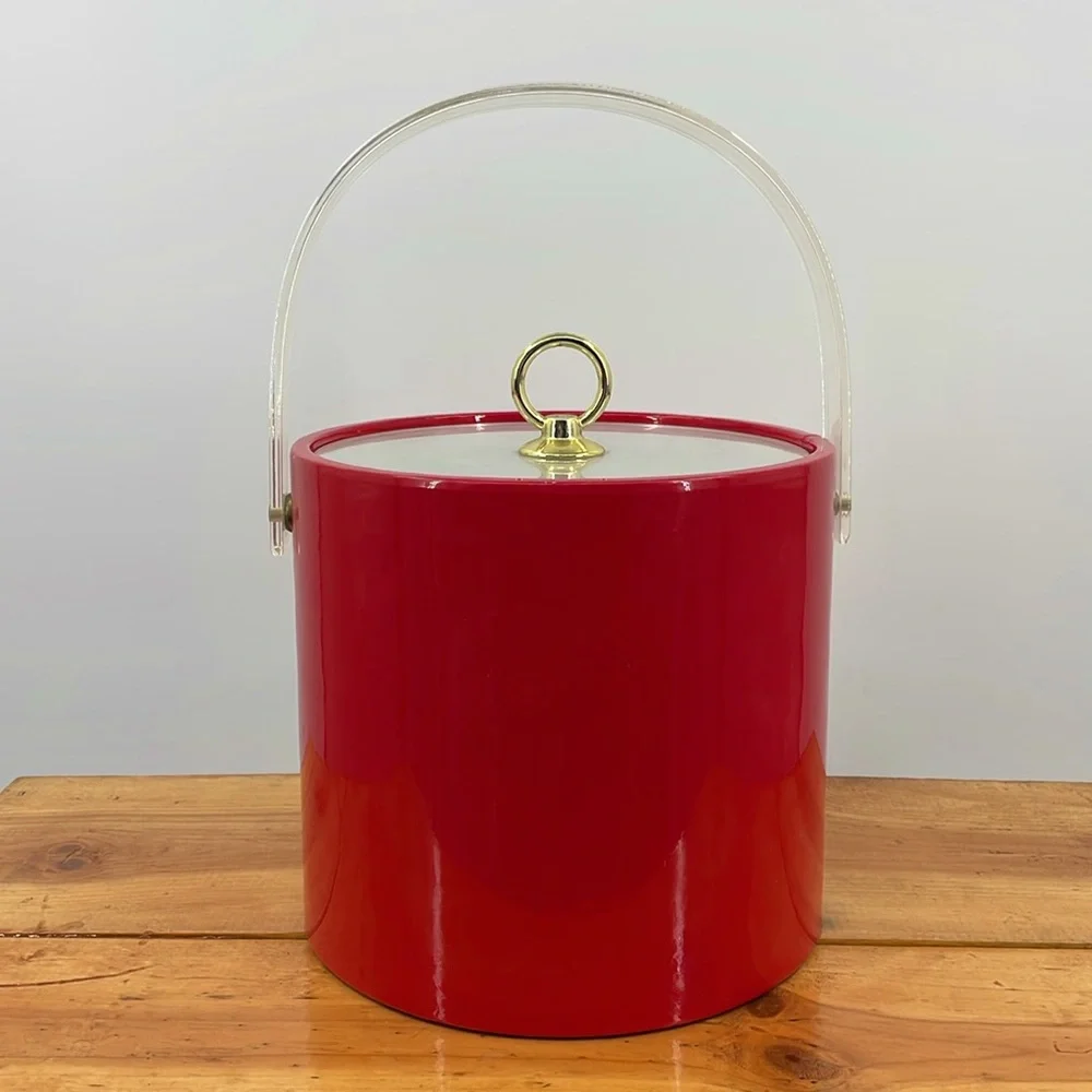Vintage 60’s Red Mid Century Ice Bucket w/ Scoop Mod Acrylic Handle Barware